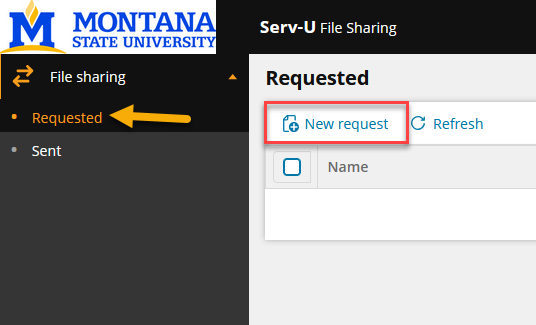 Screenshot of the upper left corner of the secure file transfer portal. Under the MSU logo, there are two tab options, "Request" and "Secure"; a yellow arrow is pointing at the "Request" choice. To the right of this, a red square highlights the choice for "New Request", which has a small icon next to it of a piece of paper.