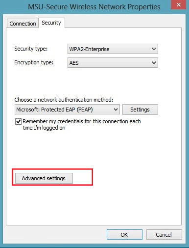 Screenshot of advanced settings button